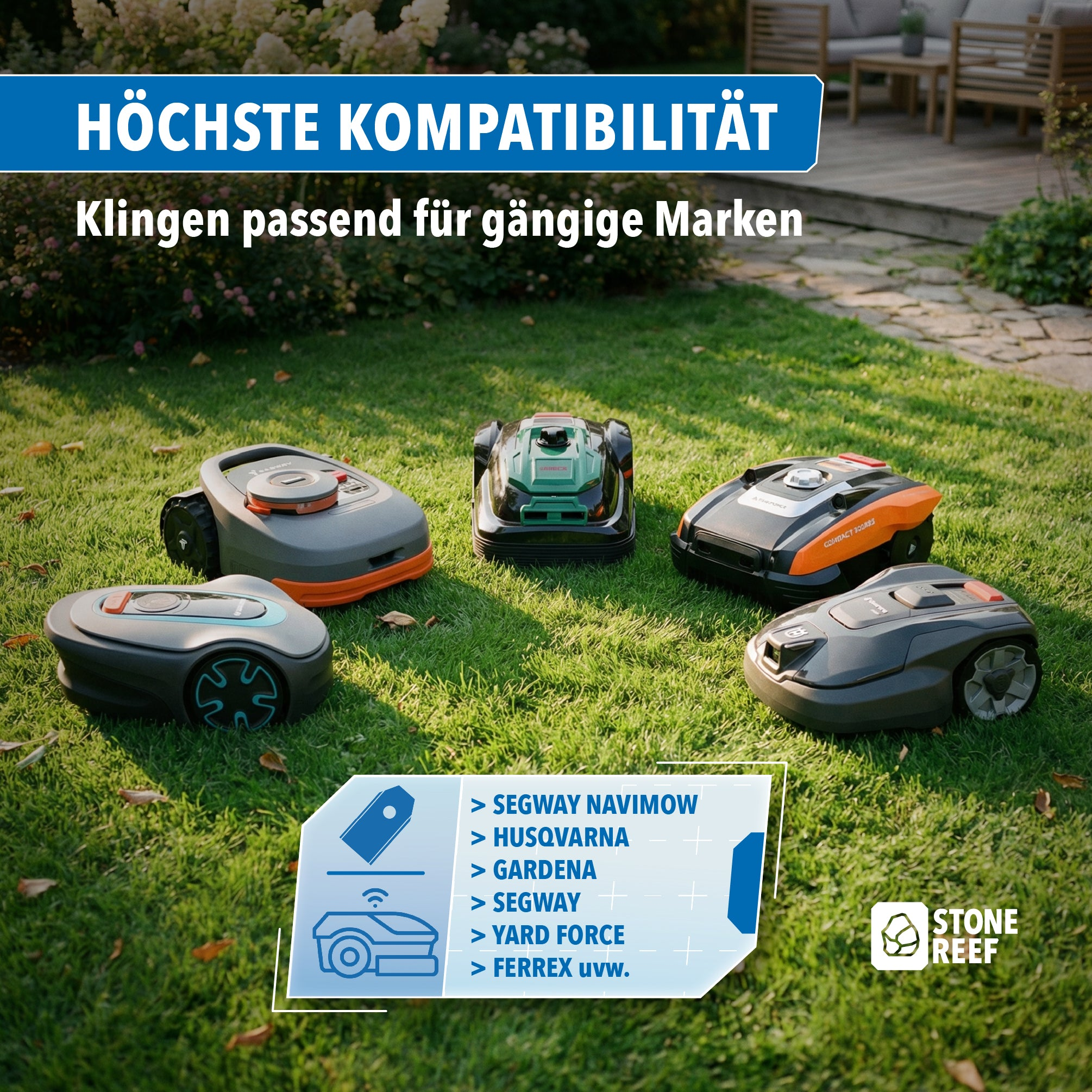 Fünf verschiedene Mähroboter stehen auf einem grünen Rasen im Garten mit Textoverlays.