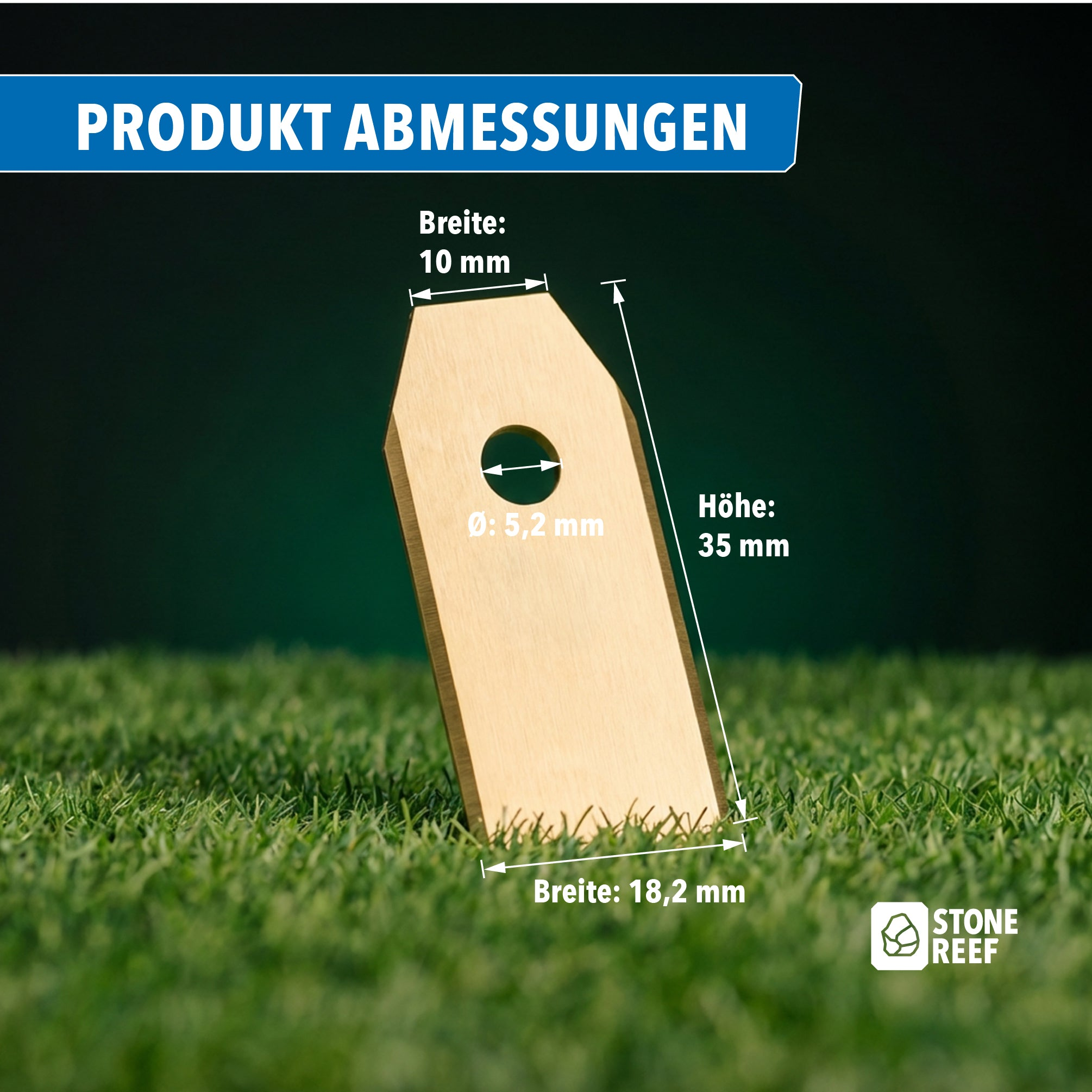 Technische Zeichnung der Klingenabmessungen auf Gras.