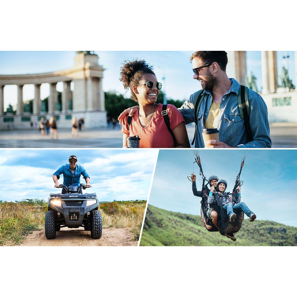 Eine Collage zeigt ein Paar in der Stadt, einen Mann auf einem Quad im Gelände und zwei Personen beim Paragliding.