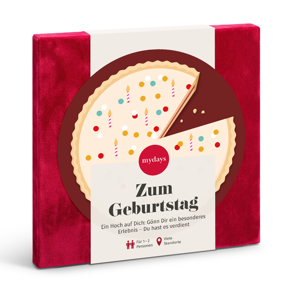 Rote Geschenkbox mit einer Geburtstagstorte Illustration und dem Text Zum Geburtstag.