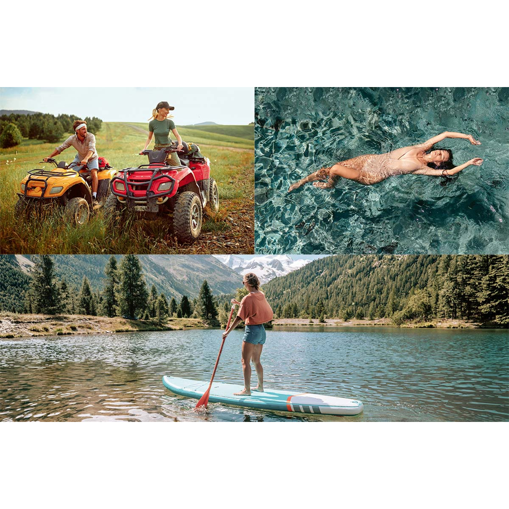 Collage aus Personen auf ATVs, einer schwimmenden Frau im klaren Wasser und einer Frau beim Stand-up-Paddeln auf einem See.