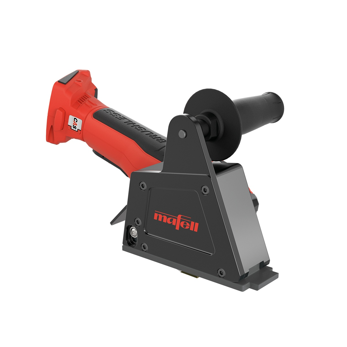 Rotes und schwarzes Mafell Elektrowerkzeug mit ergonomischem Griff auf weißem Hintergrund.