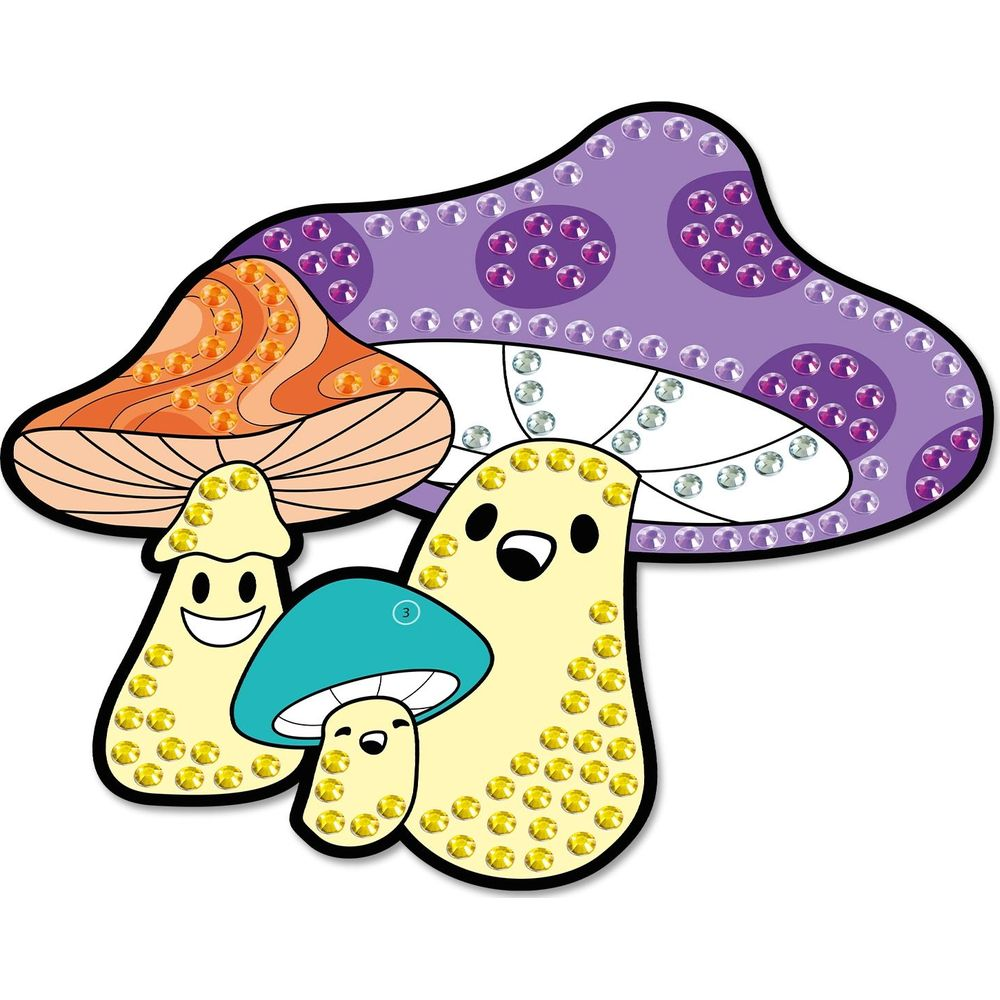 Tres champiñones de dibujos animados lindos y sonrientes decorados con gemas brillantes.