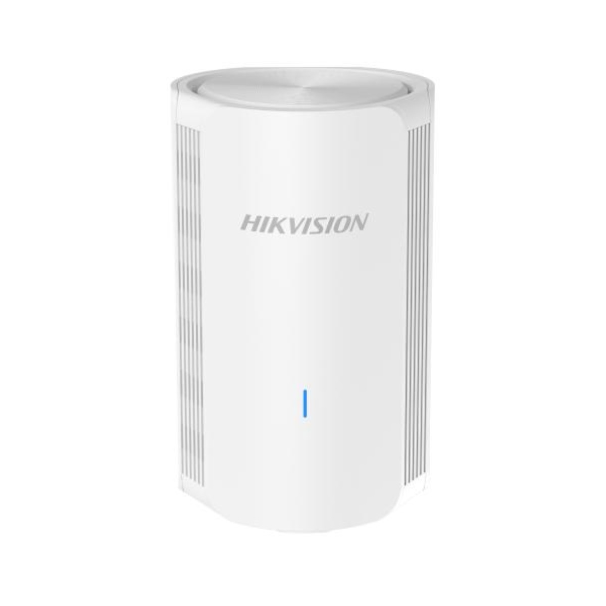 Ein weißer zylindrischer Hikvision-Router mit einer blauen LED-Leuchte auf der Vorderseite.