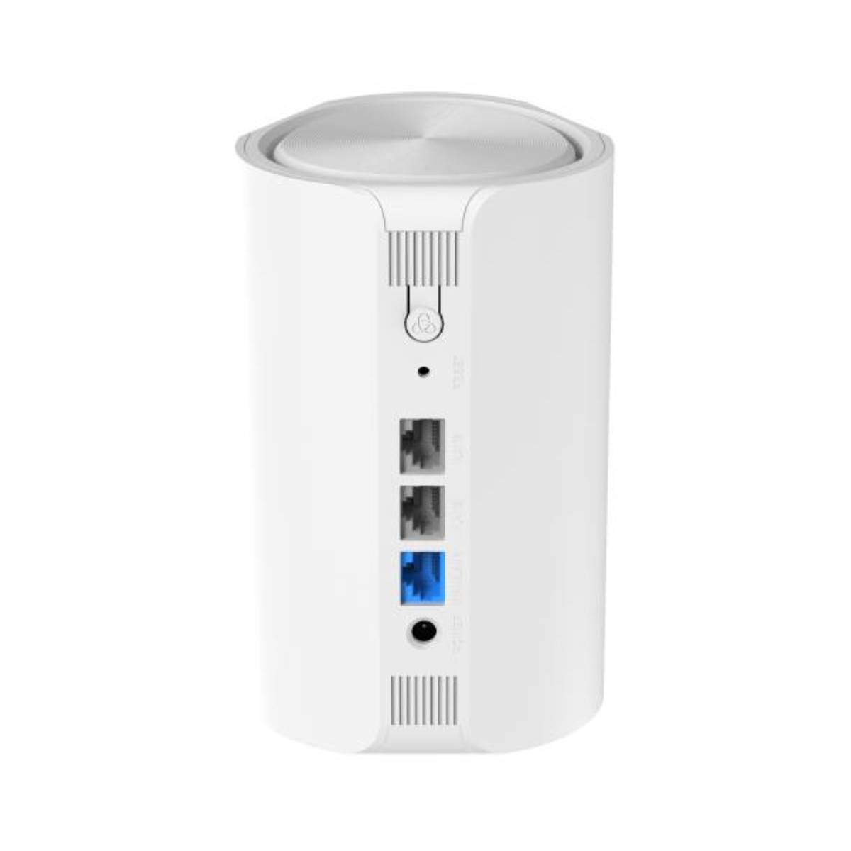Ein weißer, zylindrischer Router mit Ethernet-Anschlüssen, einer blauen Buchse und Lüftungsgittern auf einer weißen Fläche.