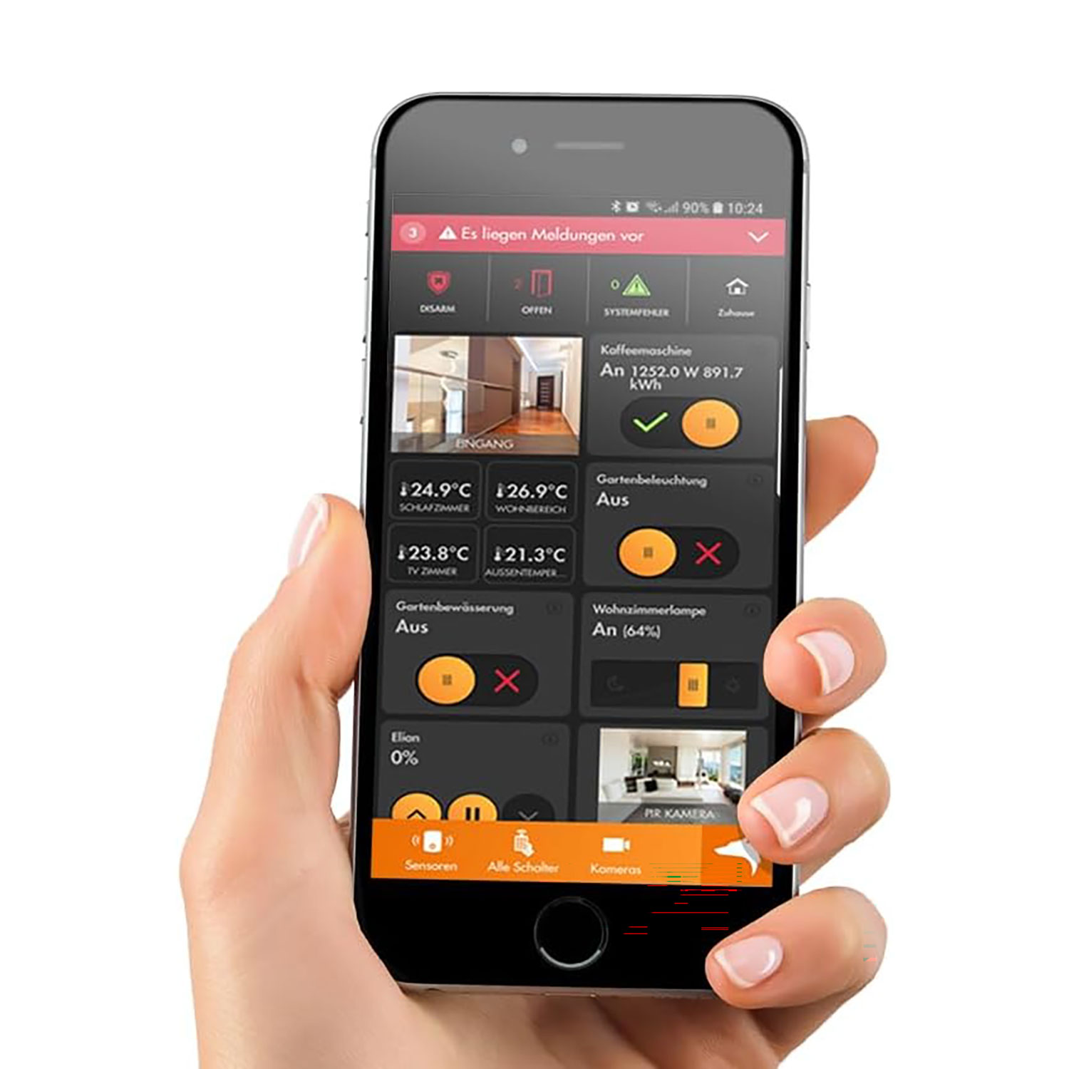 Hand hält Smartphone mit Smart-Home-Steuerungs-App auf dem Bildschirm.