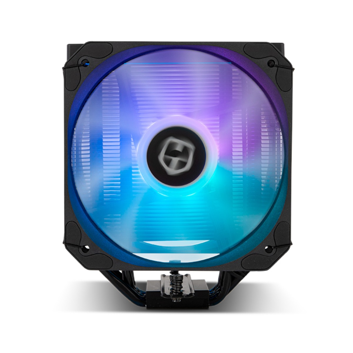 CPU-Kühler mit einem beleuchteten RGB-Lüfter in Blau und Lila auf weißem Hintergrund.