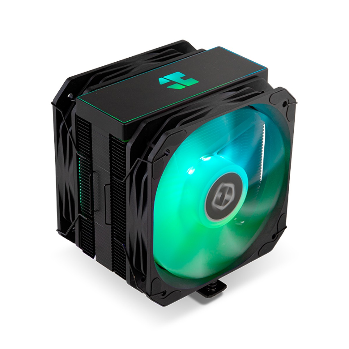Schwarzer CPU-Kühler mit zwei Lüftern und grüner LED-Beleuchtung.