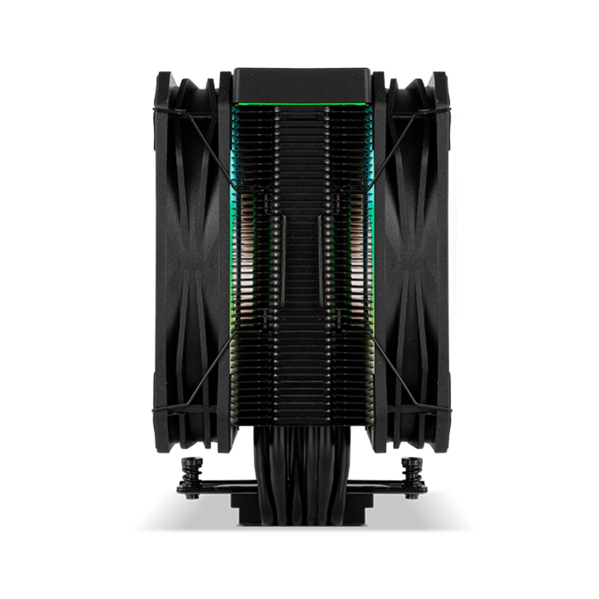 Ein schwarzer CPU-Kühler mit zwei Lüftern und Kühlrippen auf einem weißen Hintergrund.