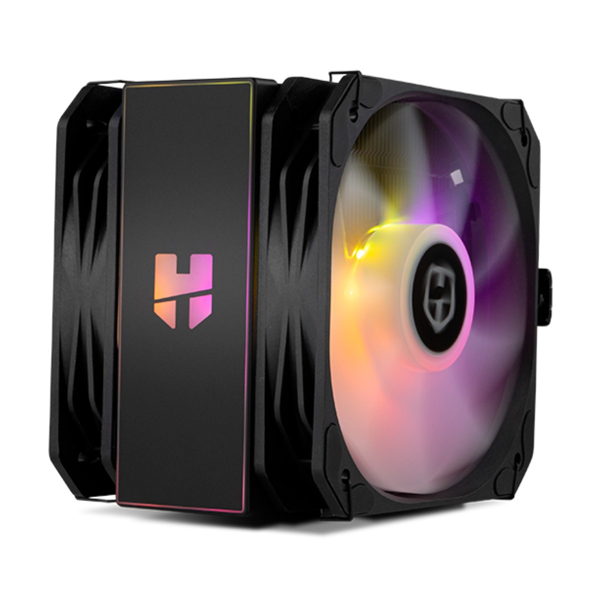 Schwarzer CPU-Kühler mit zwei Lüftern und bunter RGB-Beleuchtung.