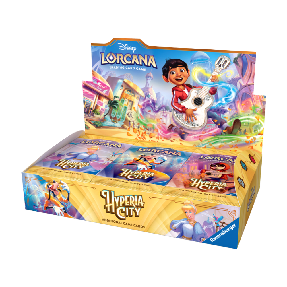 Disney Lorcana Hyperia City Booster-Box mit Illustrationen von Miguel, Goofy und Cinderella.