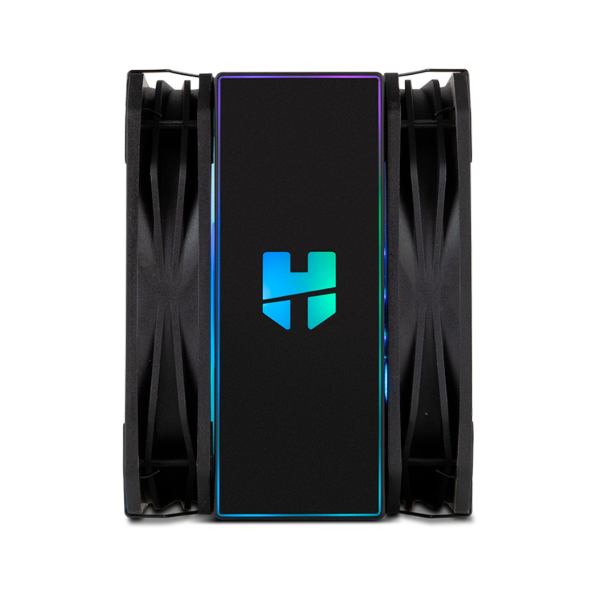 Ein schwarzer CPU-Kühler mit zwei Lüftern und einem beleuchteten blauen und grünen H-Logo in der Mitte.