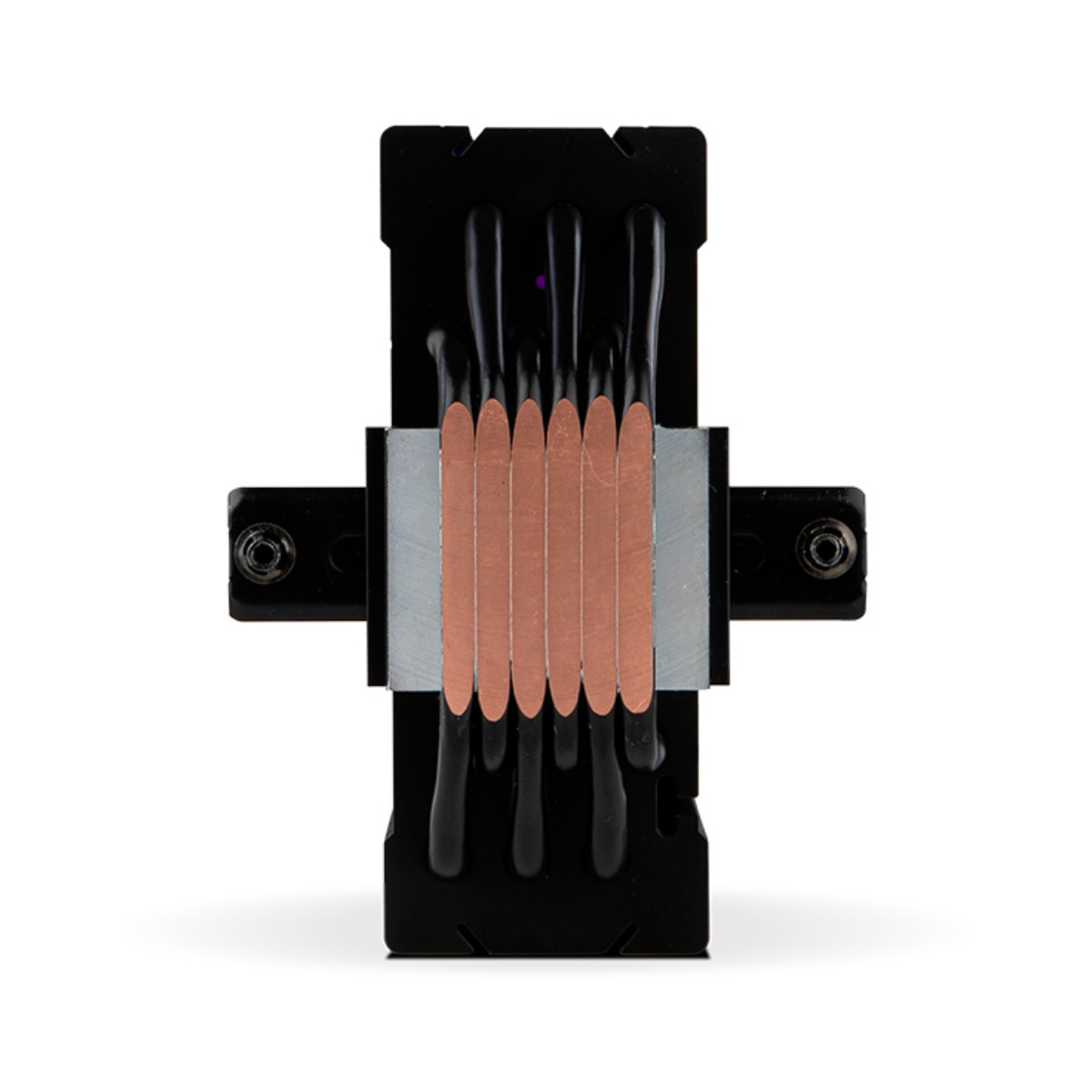 Ein schwarzer CPU-Kühler mit sechs freiliegenden Kupfer-Heatpipes, zwei Schrauben an den Seiten und weißem Hintergrund.