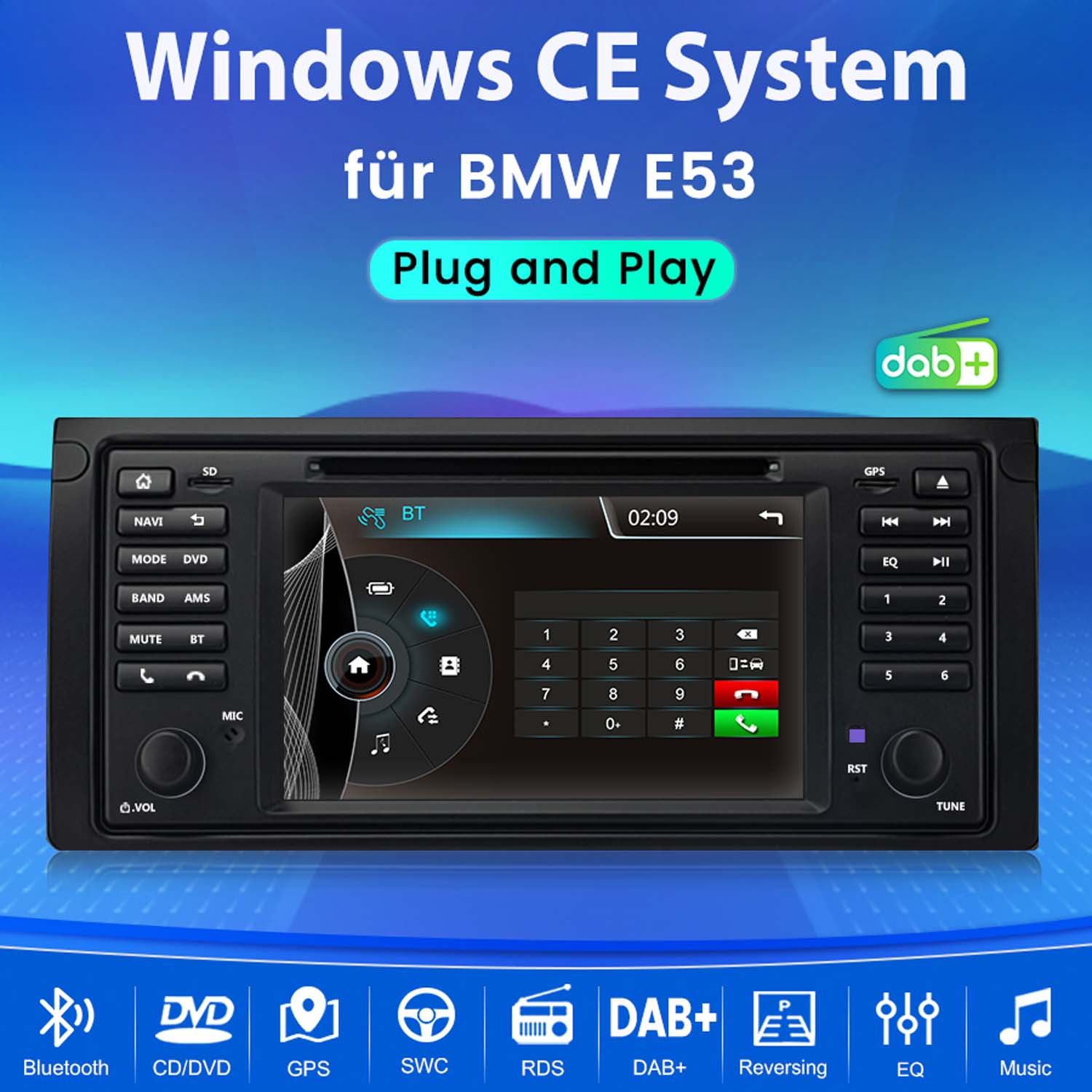 Ein Windows-CE-Autoradio für BMW E53 mit Touchscreen, Tasten, Reglern und Funktionssymbolen.
