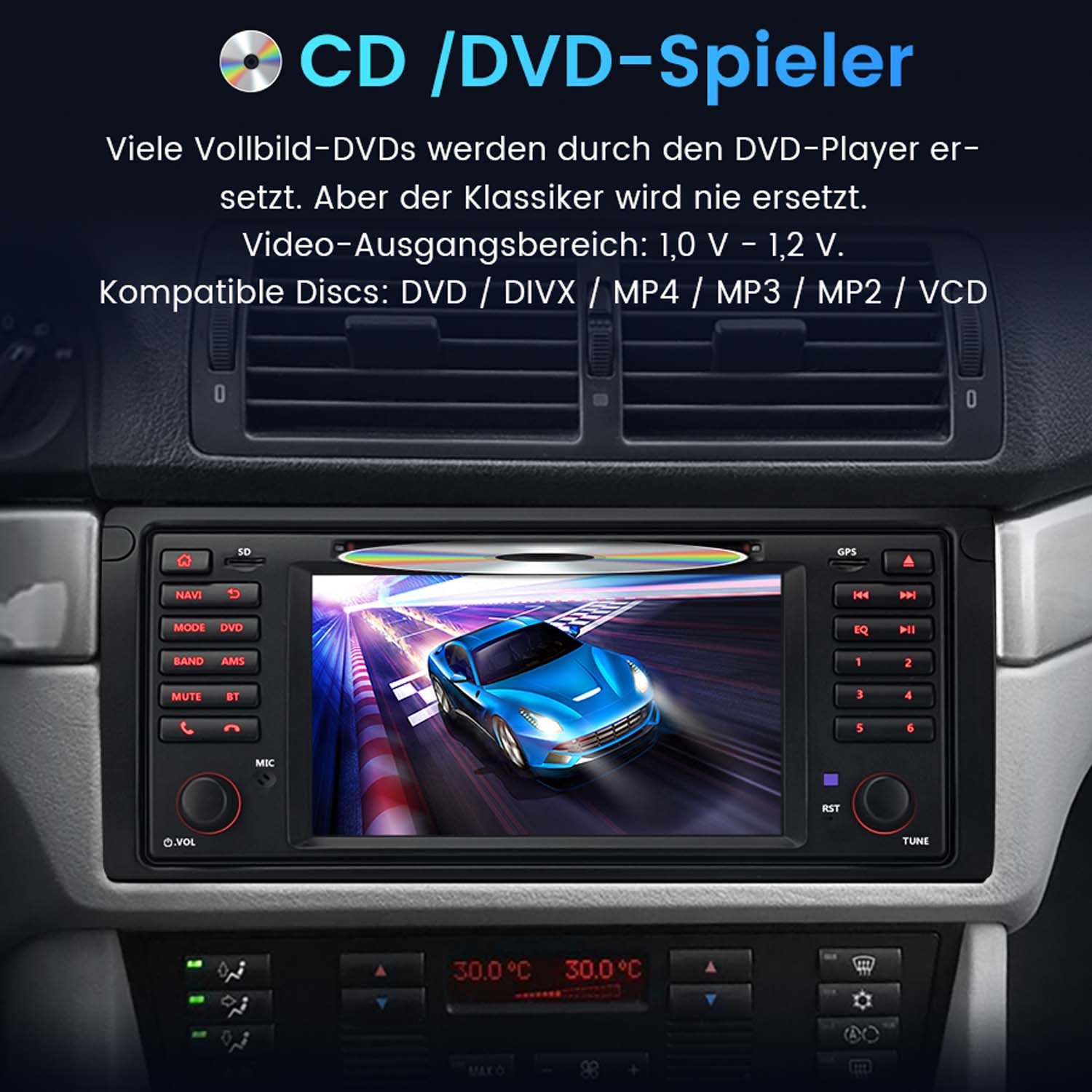 Autoradio mit CD-Spieler und Bildschirm, der ein blaues Auto zeigt.