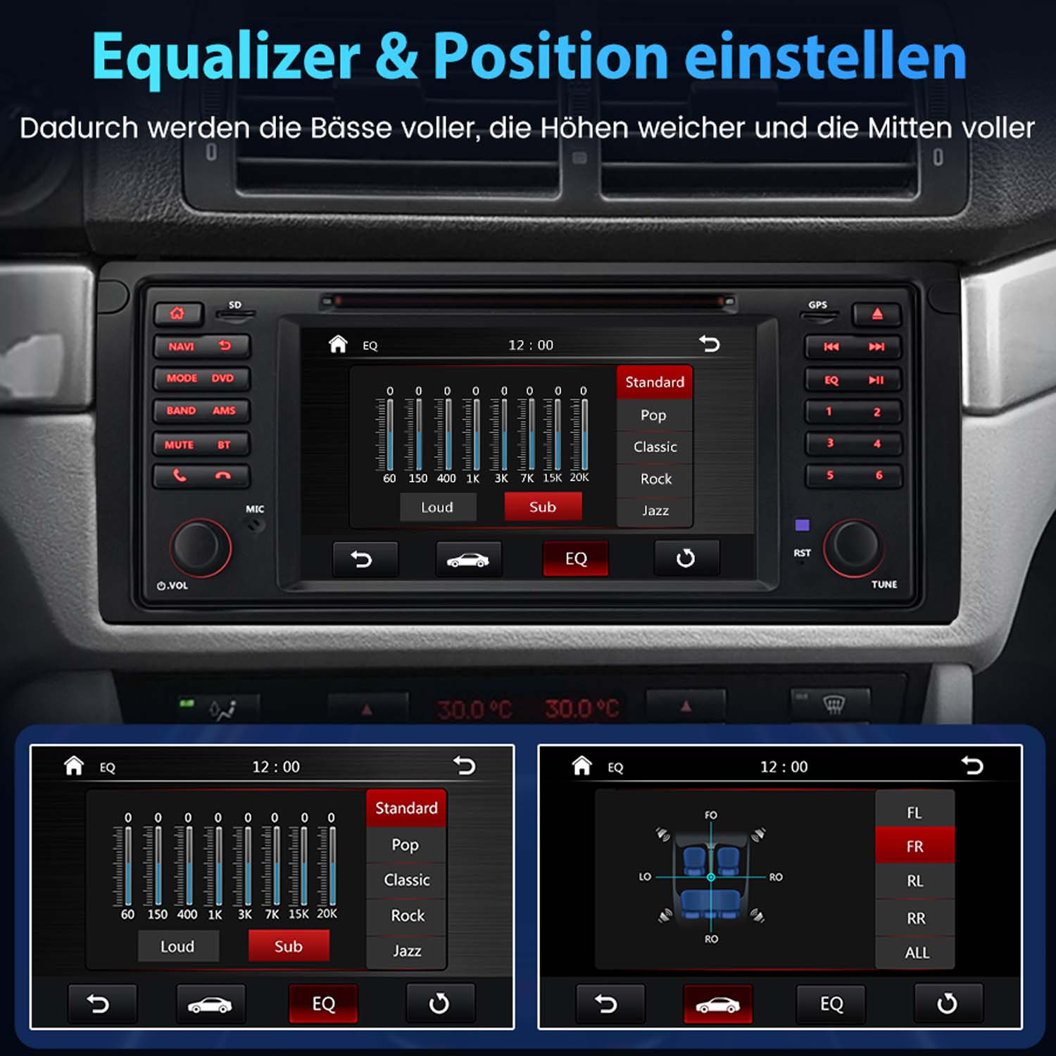 Autoradio mit Touchscreen zeigt Equalizer- und Sound-Einstellungen an.