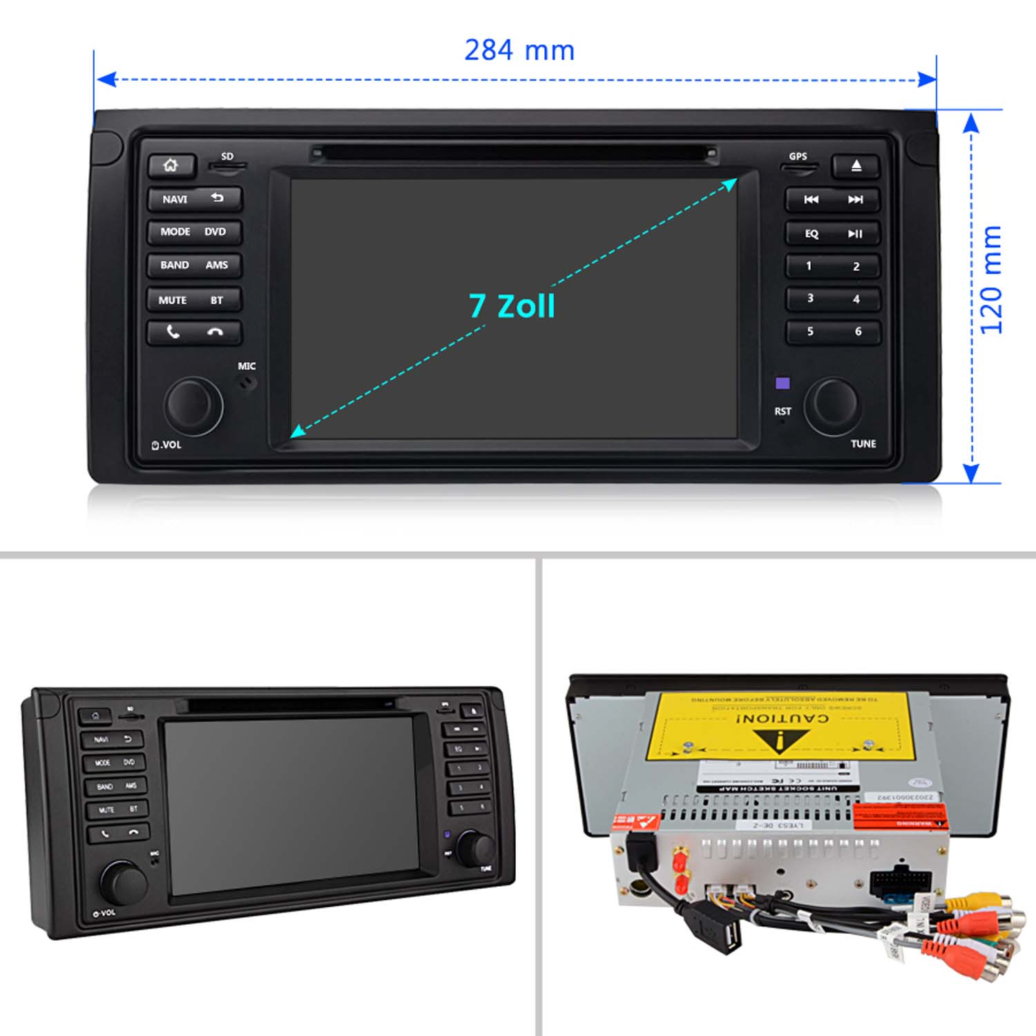 Auto-Navigationssystem mit 7-Zoll-Bildschirm, Maßen und Anschlüssen.