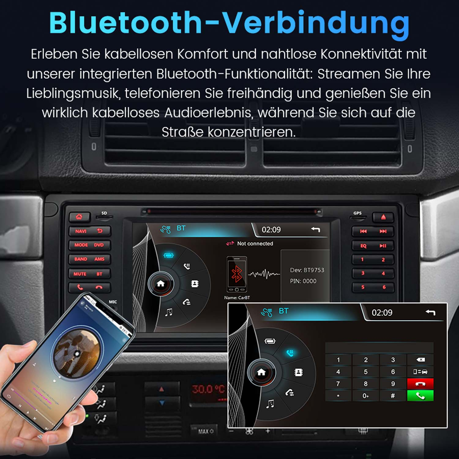 Ein Auto-Multimedia-Display zeigt Bluetooth-Verbindung und ein Smartphone streamt Musik.