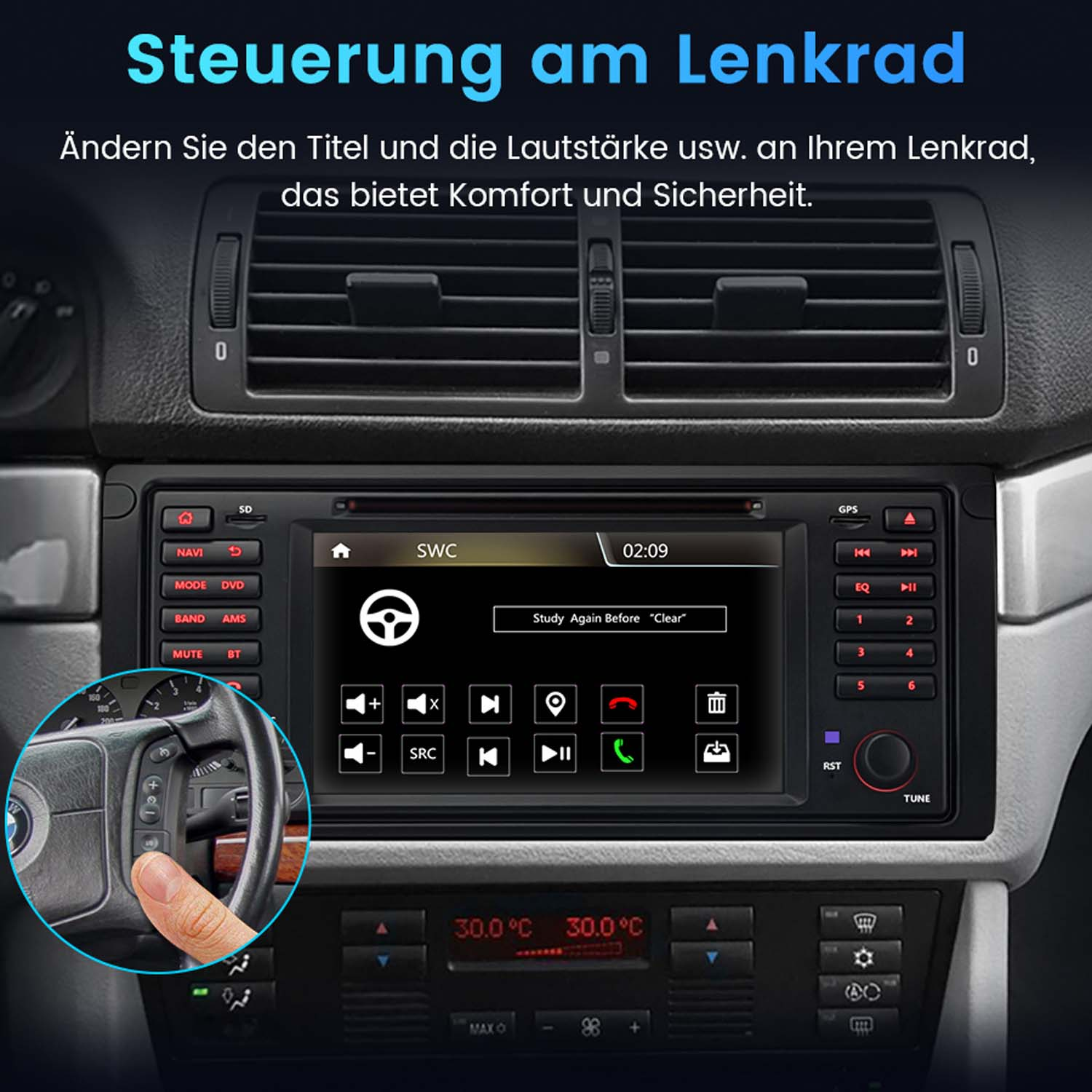 Autoinnenraum mit Multimediasystem und Inset zeigt Daumen auf Lenkradtasten zur Musik- und Lautstärkeregelung.