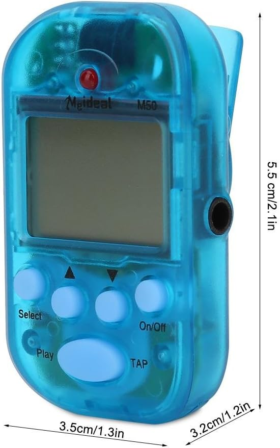 Ein blauer elektronischer Metronom-Tuner mit Display, Tasten und Maßangaben.
