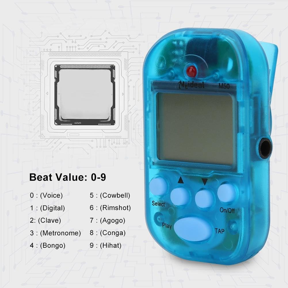 Ein blauer elektronischer Metronom-Tuner mit LCD-Bildschirm und Tasten vor einem grauen Hintergrund mit Beat-Werten.
