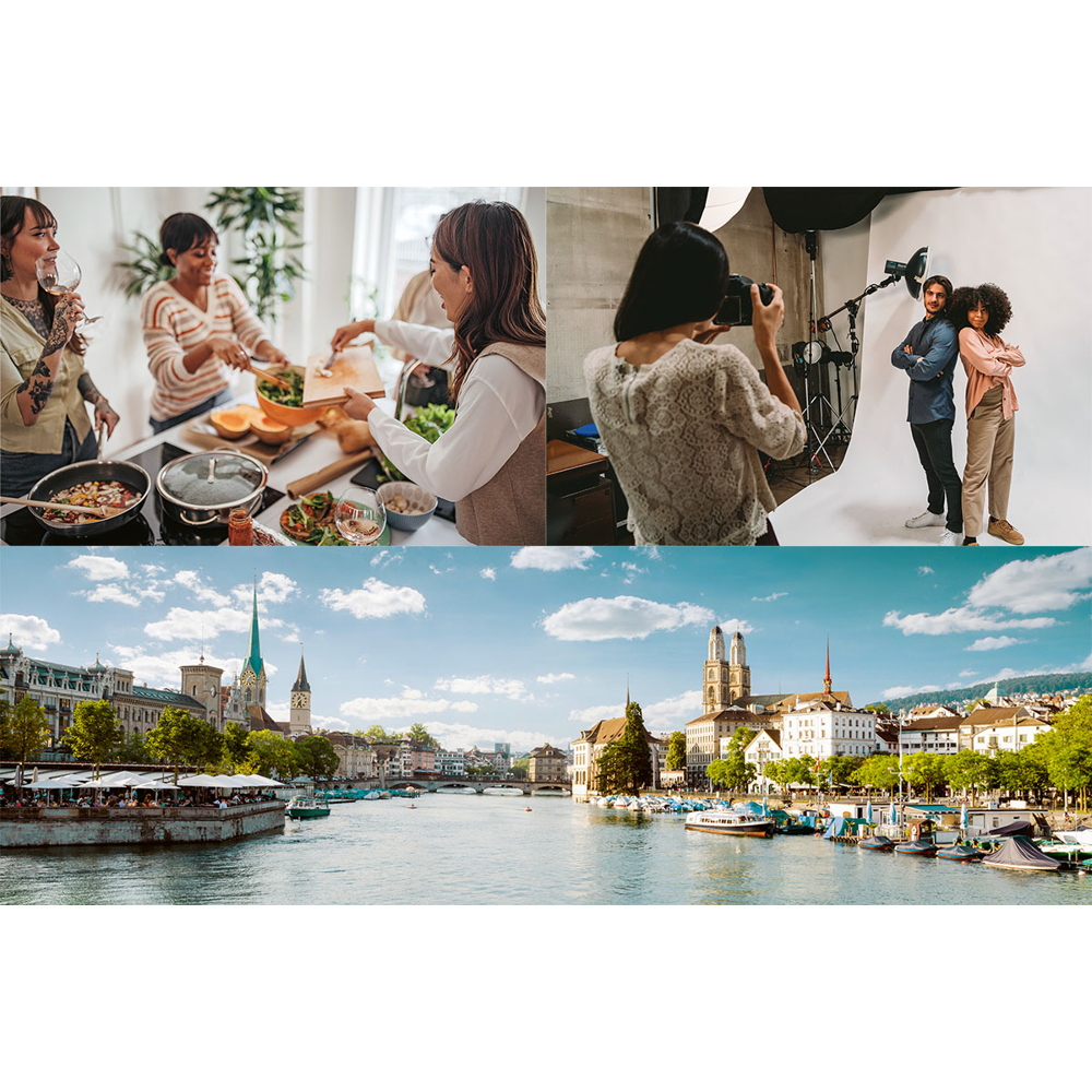 Collage zeigt Frauen beim Kochen, eine Fotografin im Studio und eine Stadtansicht von Zürich mit Fluss.