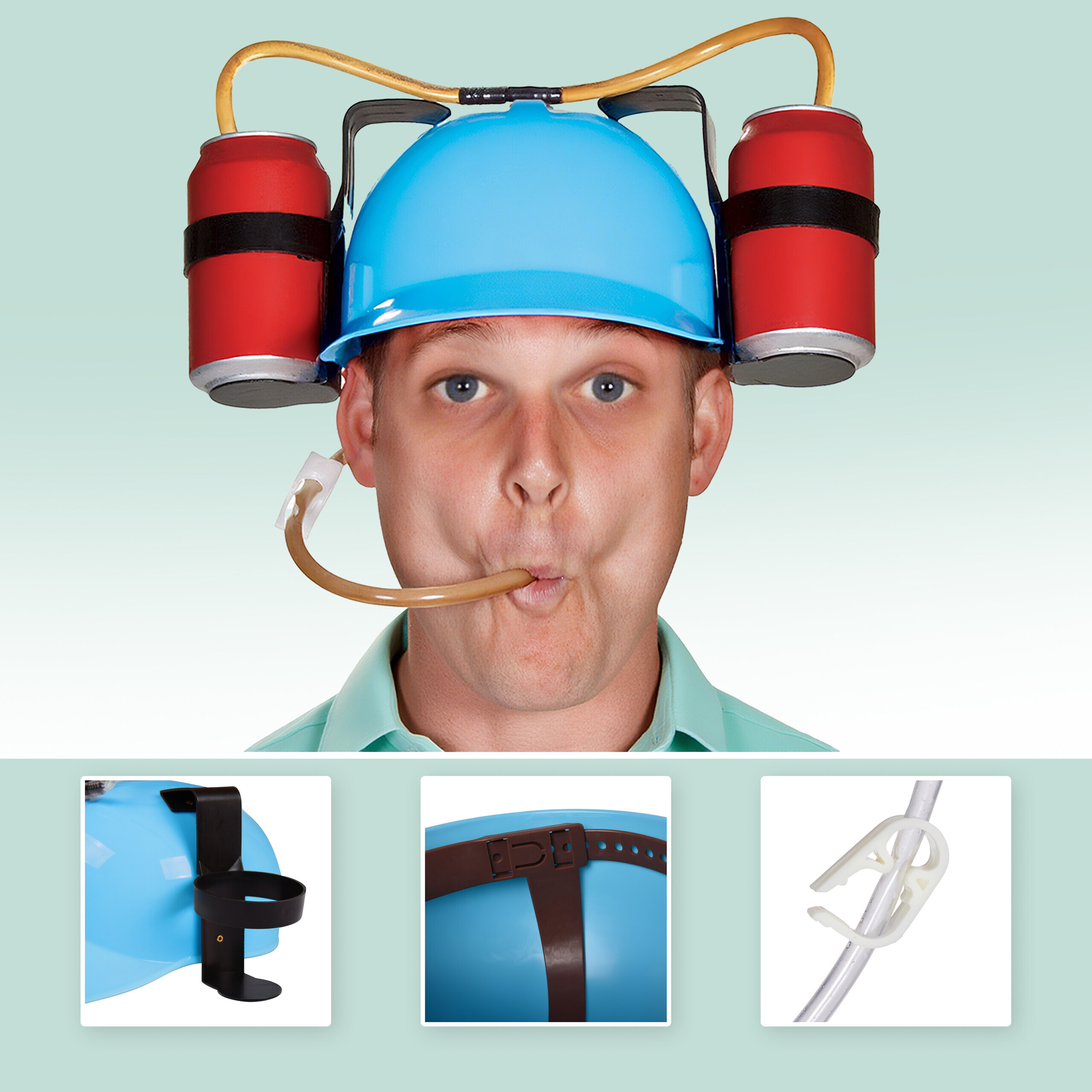 Ein Mann mit blauem Helm trinkt aus Schläuchen, die mit zwei roten Dosen verbunden sind; unten Detailansichten.