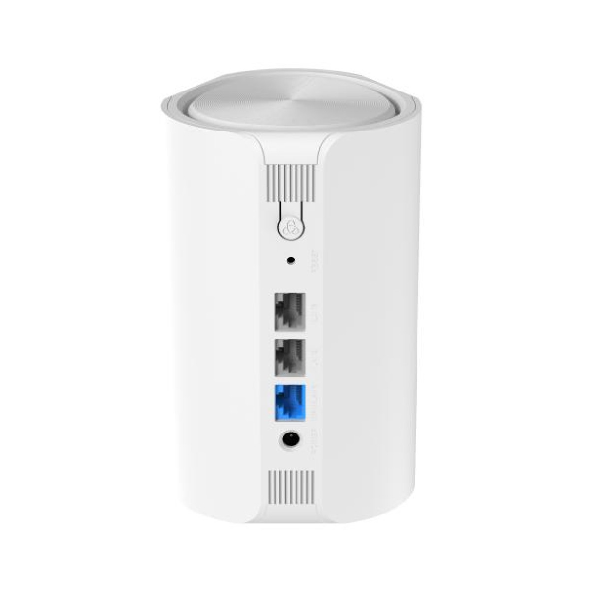 Ein weißer, zylindrischer WLAN-Router mit Ethernet-Anschlüssen auf der Rückseite.