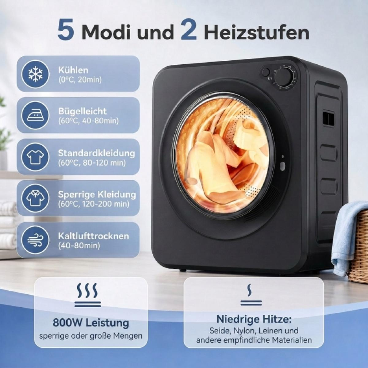 Schwarzer Minitrockner mit fünf Modi und zwei Heizstufen auf einem Holztisch.