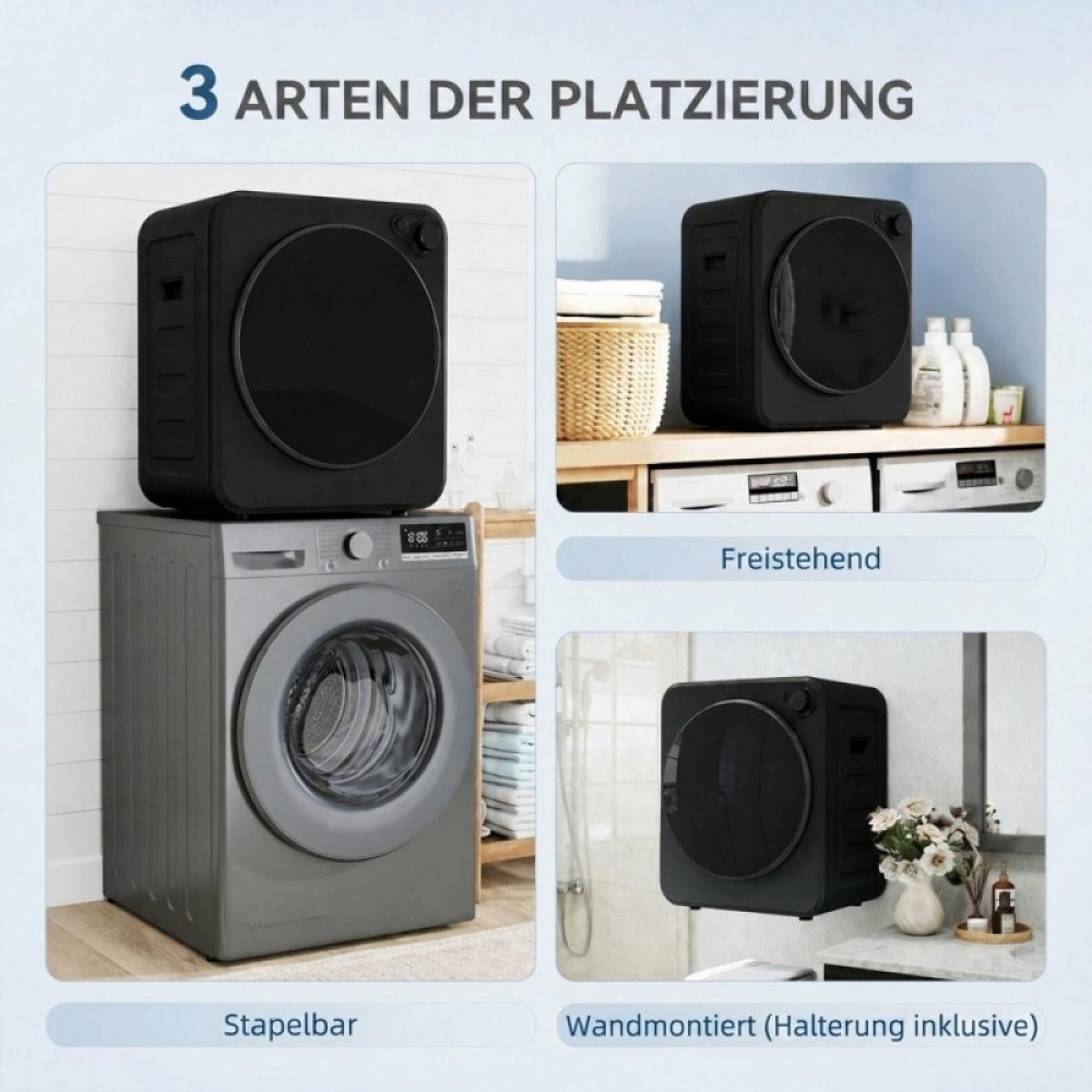 Drei Aufstellungsarten eines schwarzen Mini-Trockners: gestapelt, freistehend und wandmontiert.