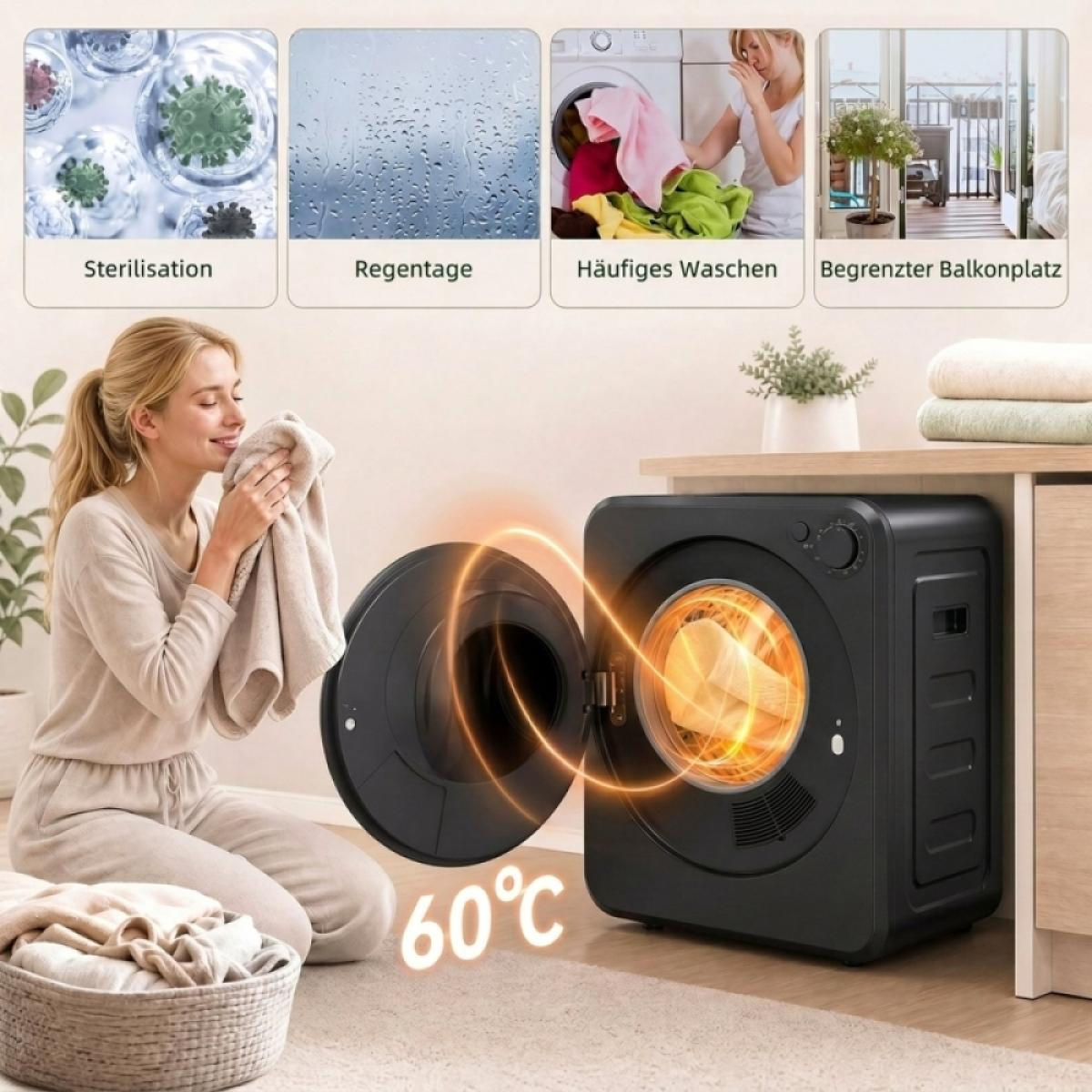 Eine Frau riecht an einem Handtuch neben einem schwarzen Wäschetrockner bei 60°C.