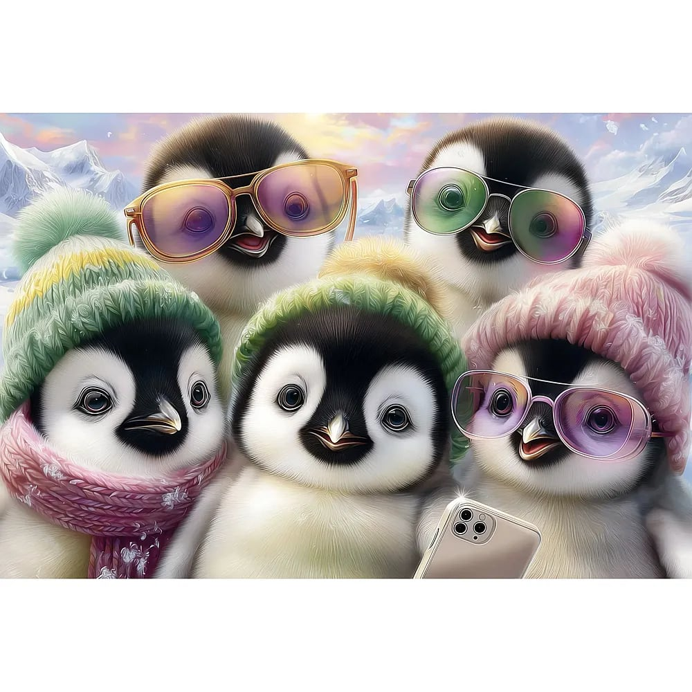 Cinque simpatici pinguini con cappelli colorati e occhiali da sole posano per un selfie tra i monti innevati.