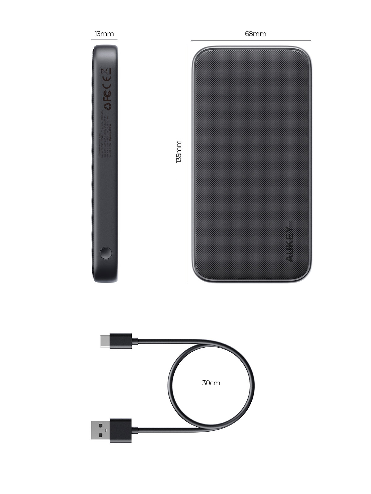 135x68x13mm boyutlarında gri powerbank ve 30cm USB kablosu.
