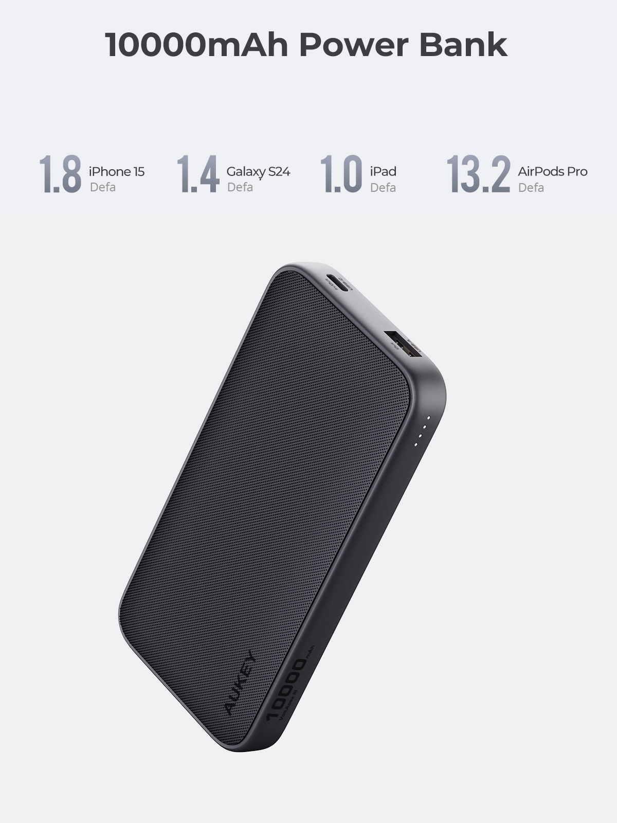 Beyaz arka planda şarj göstergeleri ve USB bağlantı noktalarına sahip siyah bir Aukey 10000mAh powerbank.