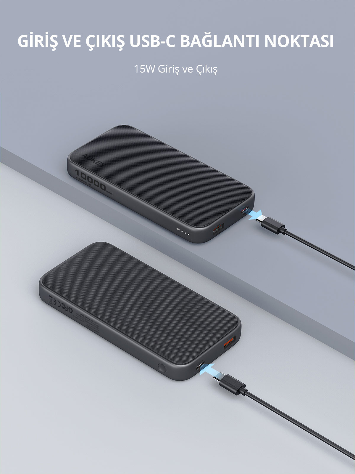Gri arka planda iki siyah powerbank, bağlı USB-C kabloları ve üstte Türkçe metin.