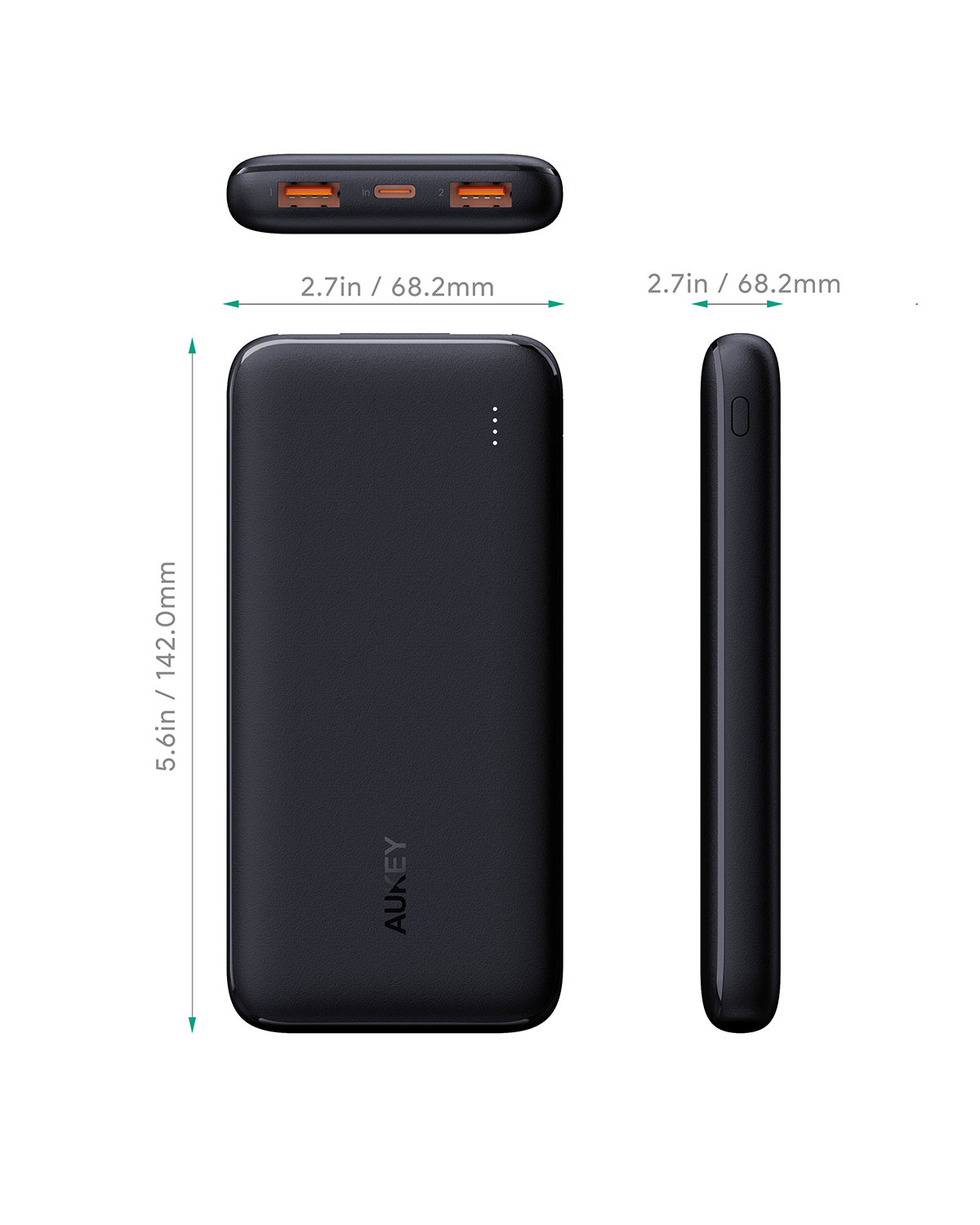 Ölçüleri ve bağlantı noktalarıyla powerbank'in teknik çizimi.