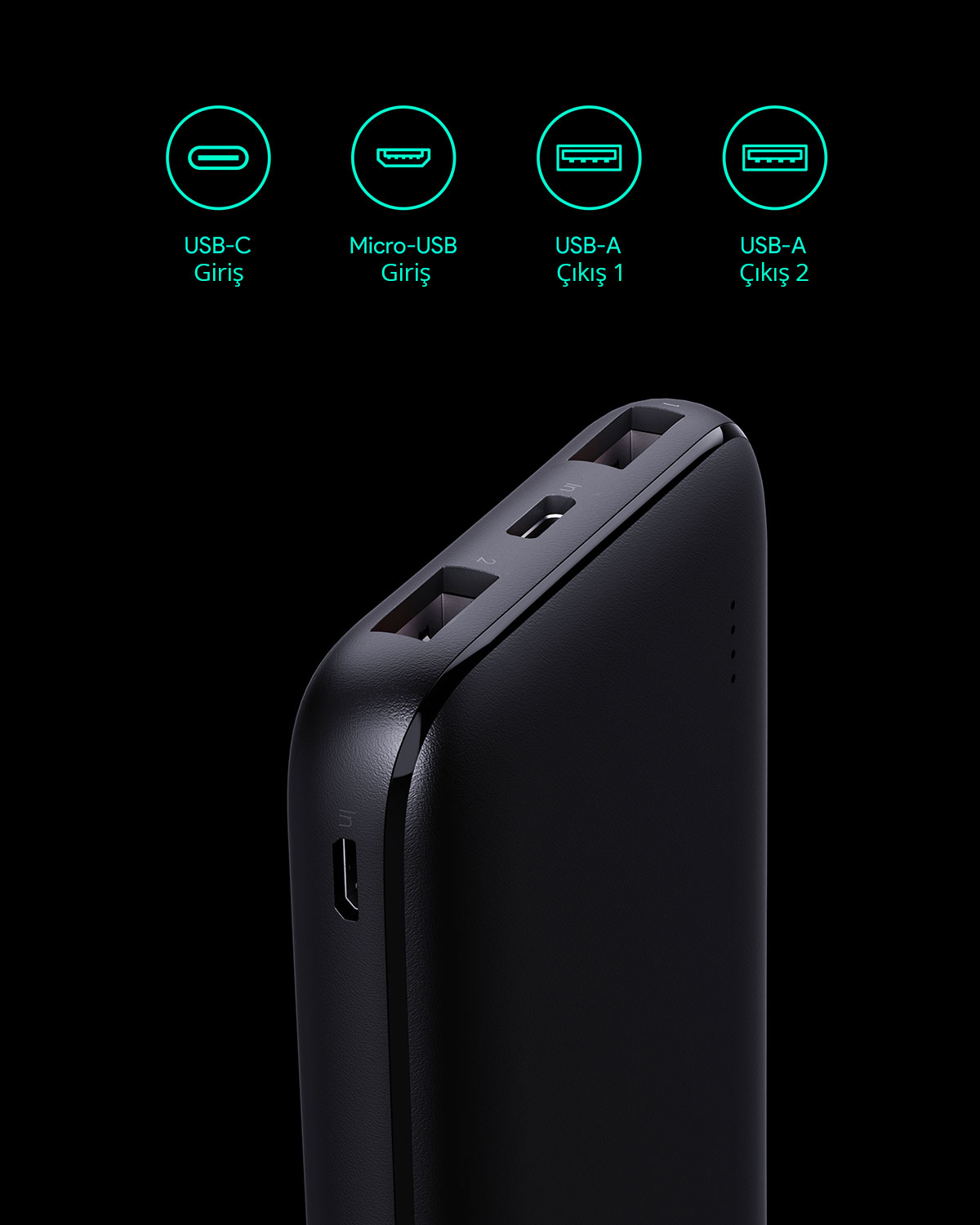 Üzerinde USB-C, Micro-USB ve USB-A simgeleri ve bağlantı noktaları bulunan siyah taşınabilir şarj cihazı.