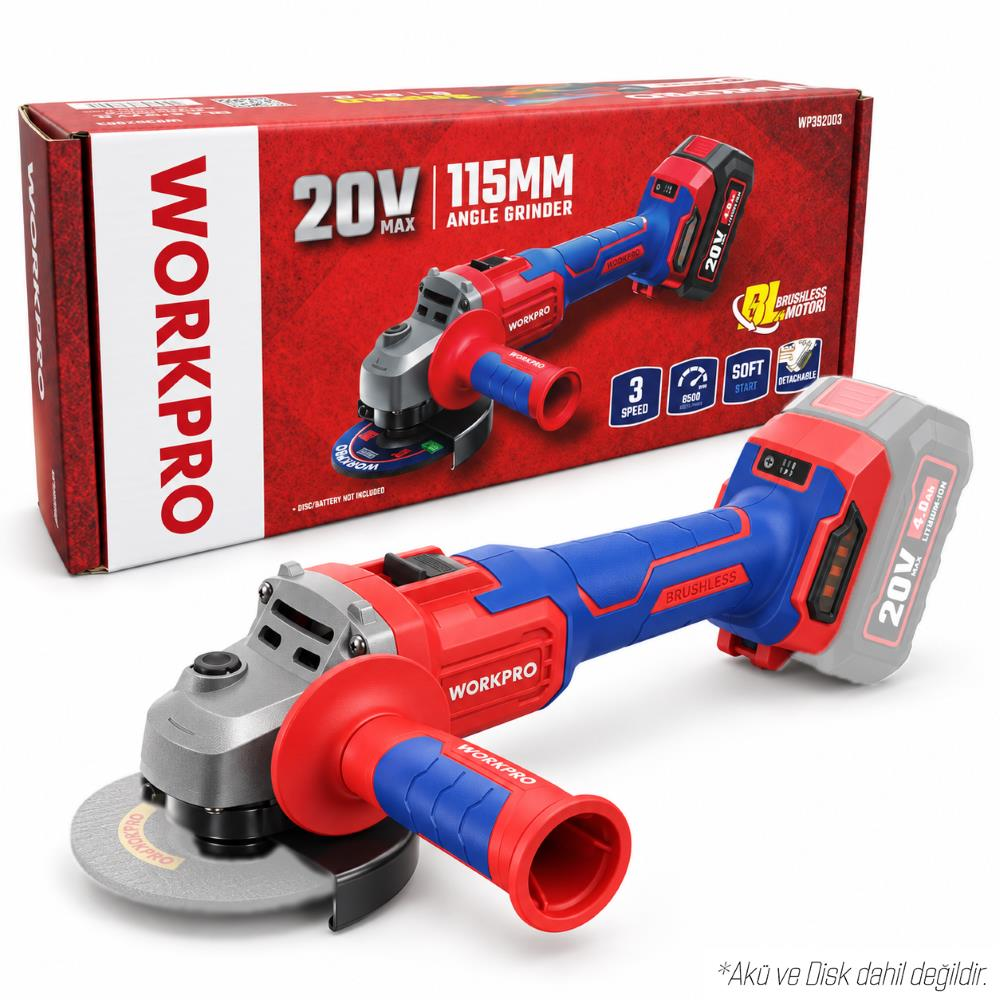 Workpro WP392003 20 Volt 115mm Şarjlı Kömürsüz Devir Ayarlı Profesyonel (Aküsüz) Avuç Taşlama Makinesi