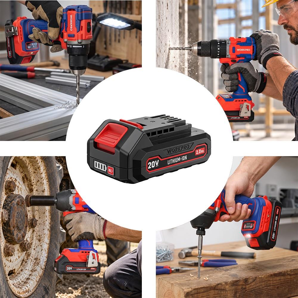 Merkezde 20V lityum-iyon pil ve etrafında kırmızı ve mavi matkaplar kullanan kişilerin görselleri.