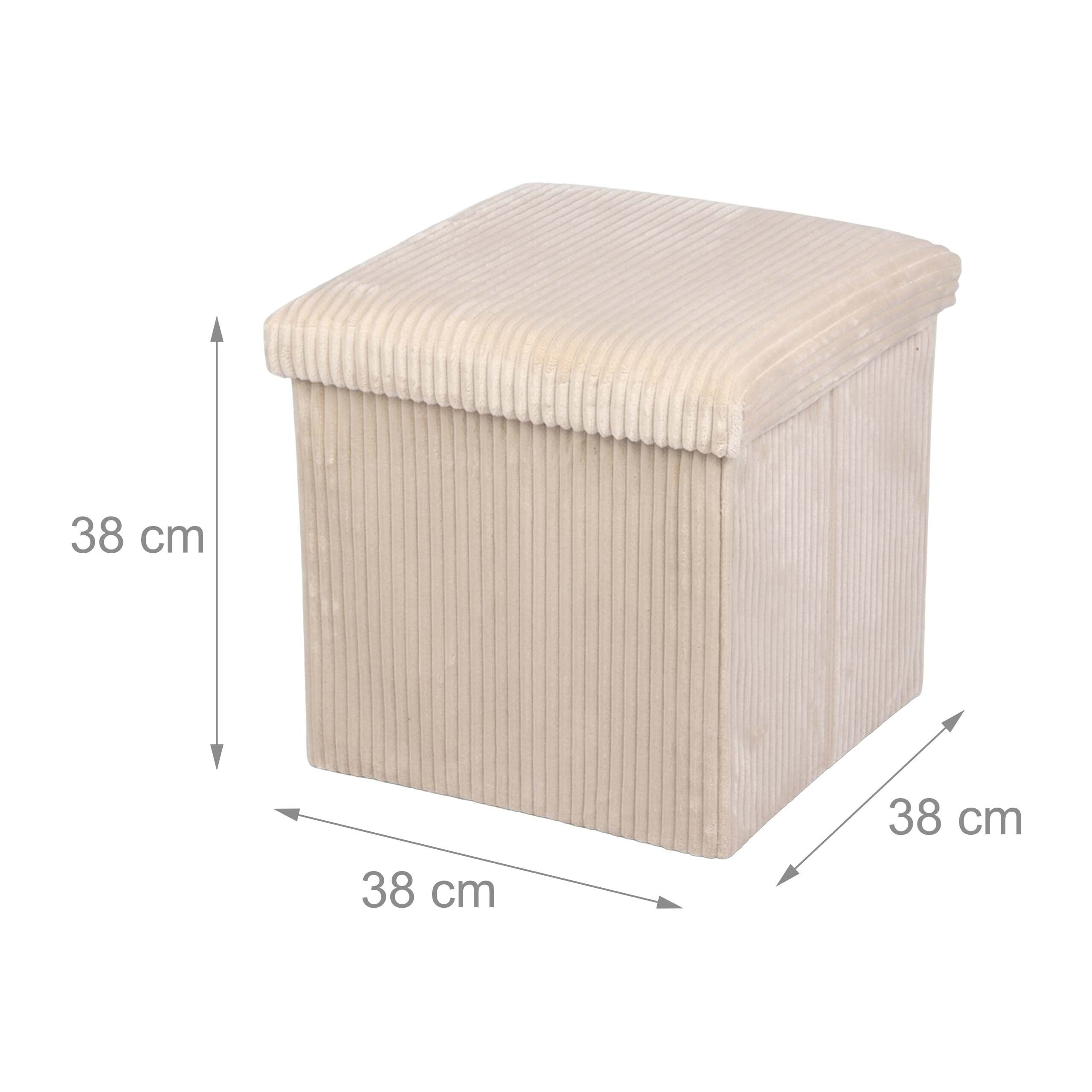 Beiger, quadratischer Cord-Sitzhocker mit Maßangaben von 38 cm auf allen Seiten.