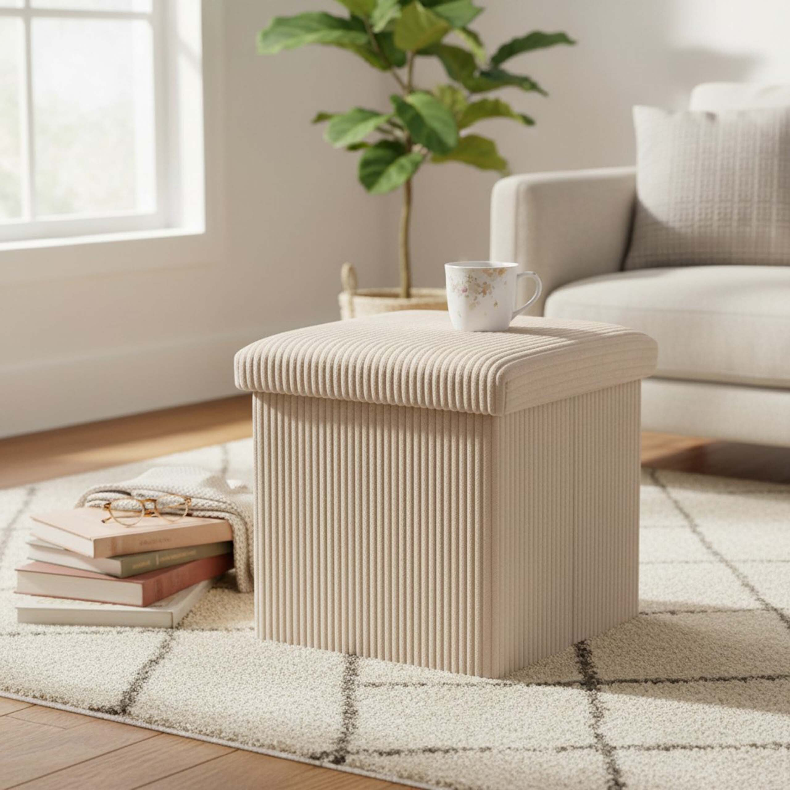 Beiger Cord-Hocker auf Teppich mit gestapelten Büchern, Brille, Tasse, Pflanze und Sofa im Wohnzimmer.
