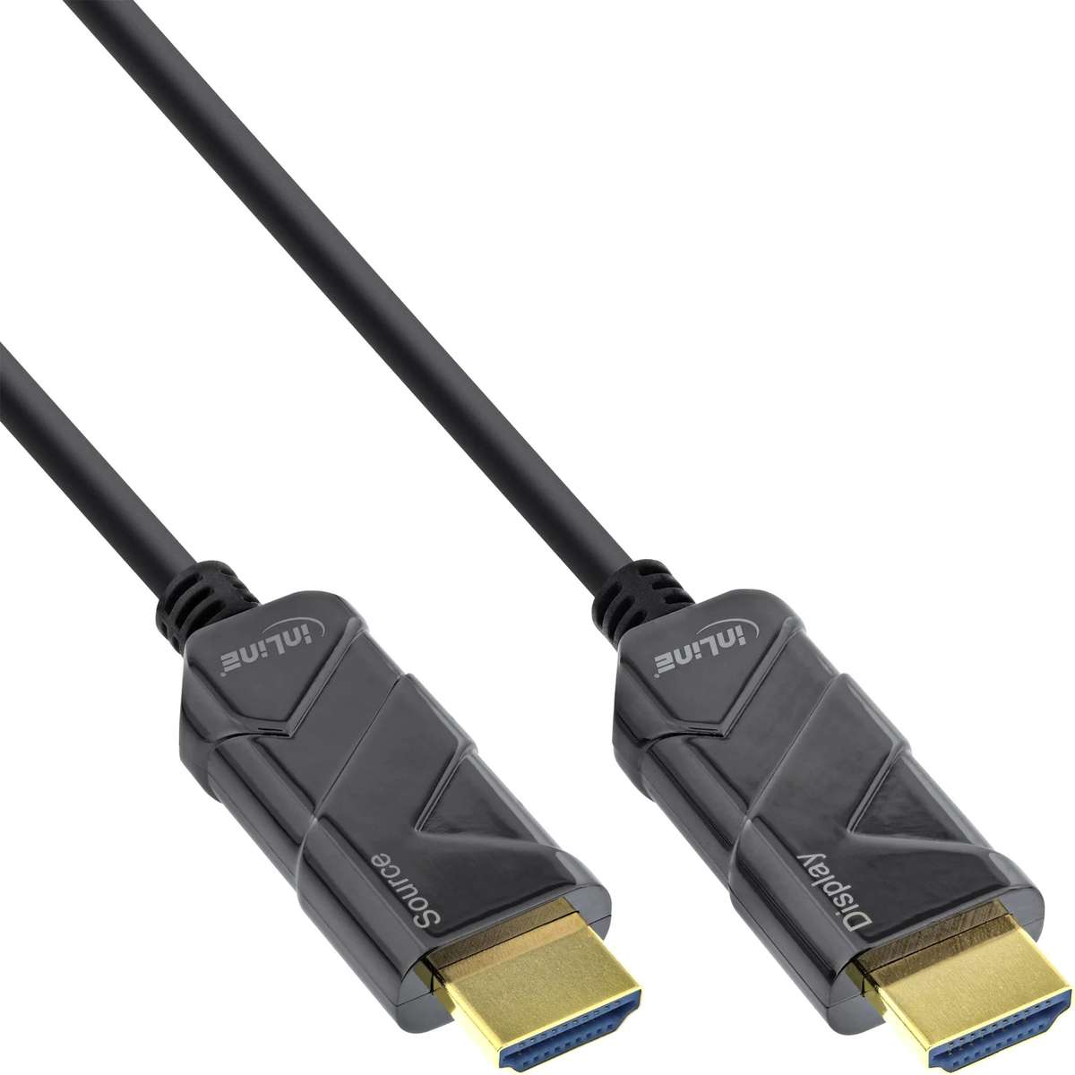 Two black HDMI cables with gold-plated connectors, labeled Source and Display, against a white background.