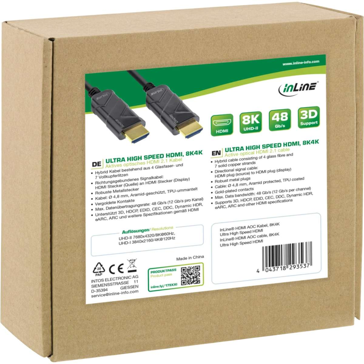 Packaging of an InLine Ultra High Speed HDMI 8K4K cable showing product specs.