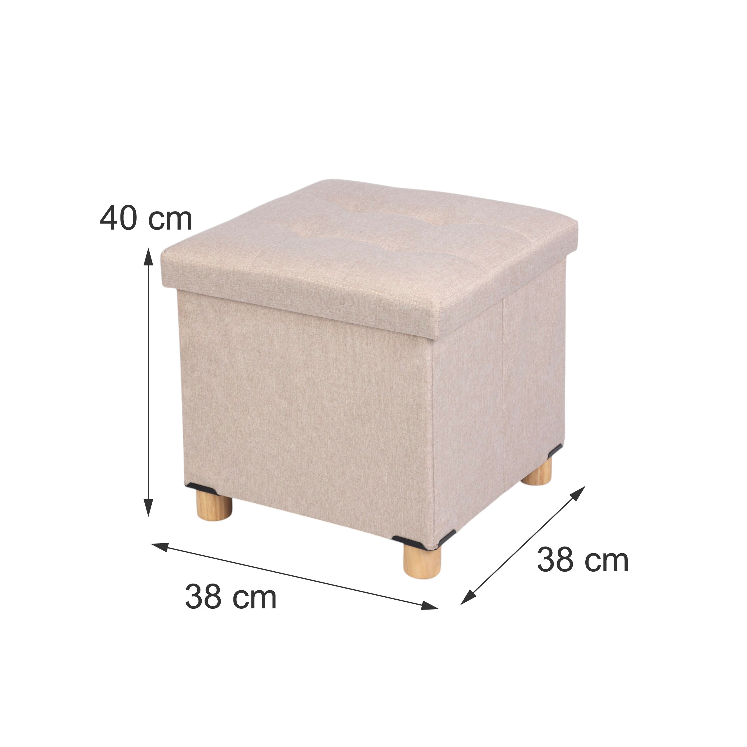 Beiger Hocker mit Holbeinen und Bemaßung 38x38x40 cm auf weiłem Hintergrund.