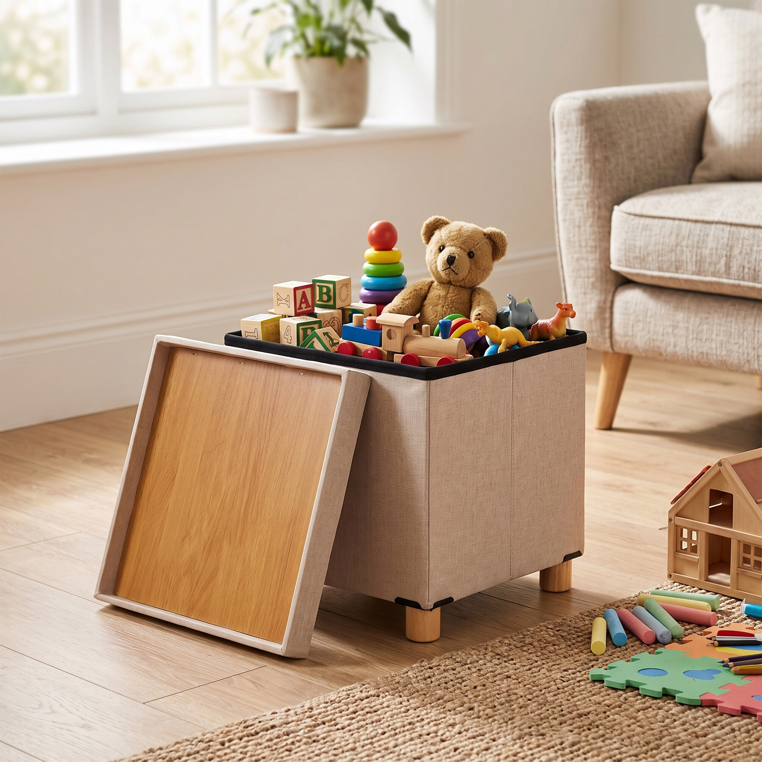 Eine beige Spielzeugkiste mit Holzdeckel steht auf einem Holzboden, gefüllt mit ABC-Klötzen, einem Teddybär und Spielzeug.