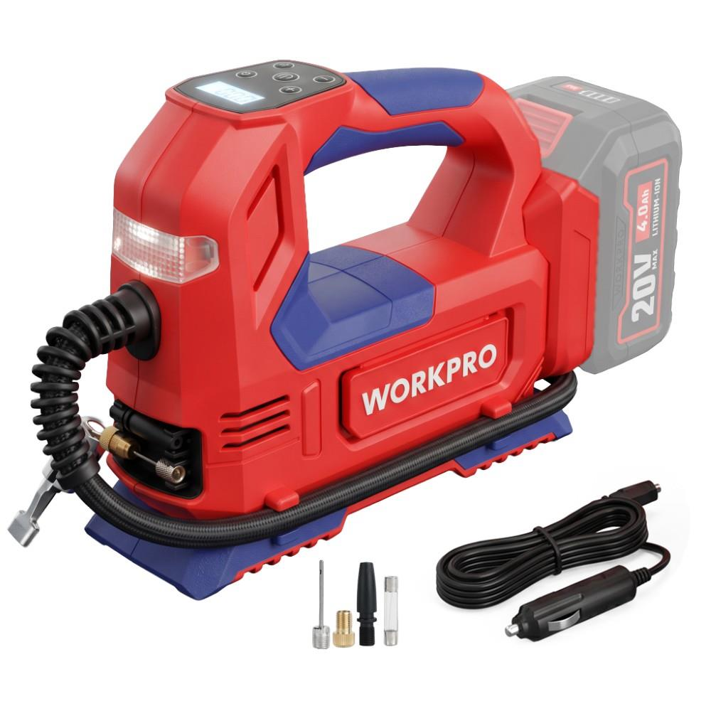 20V bataryalı, dijital ekranlı, hortumlu ve uç aksesuarlı kırmızı ve mavi Workpro kablosuz hava kompresörü.