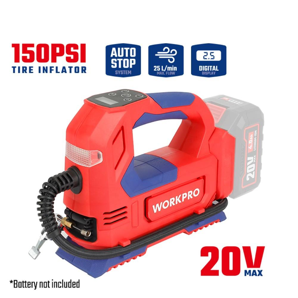 Beyaz arka planda dijital ekranlı ve siyah hortumlu kırmızı ve mavi WORKPRO 20V lastik şişirici.