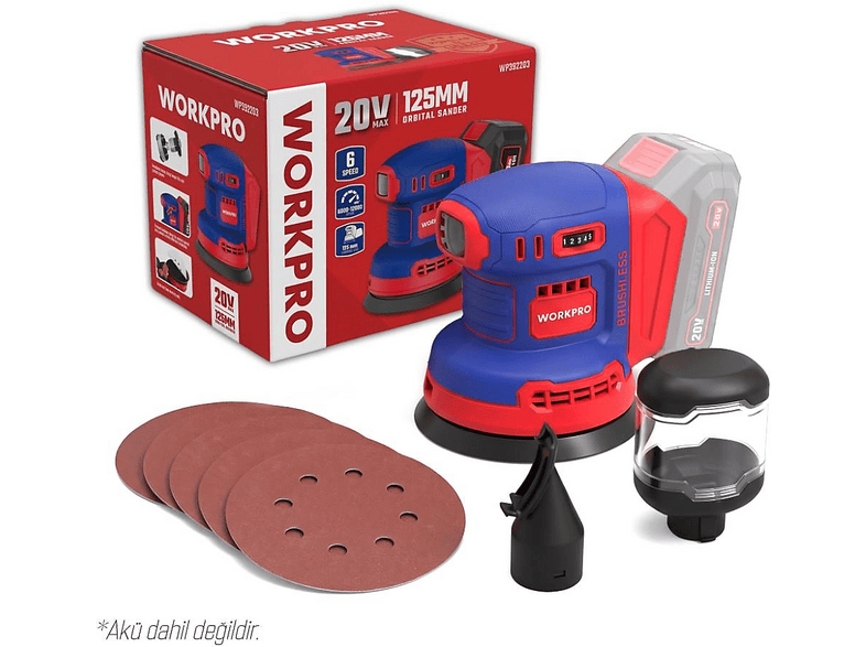 WORKPRO WP392203 20Volt 125mm Şarjlı Kömürsüz Devir Ayarlı Profesyonel (Aküsüz) Eksantrik Zımpara