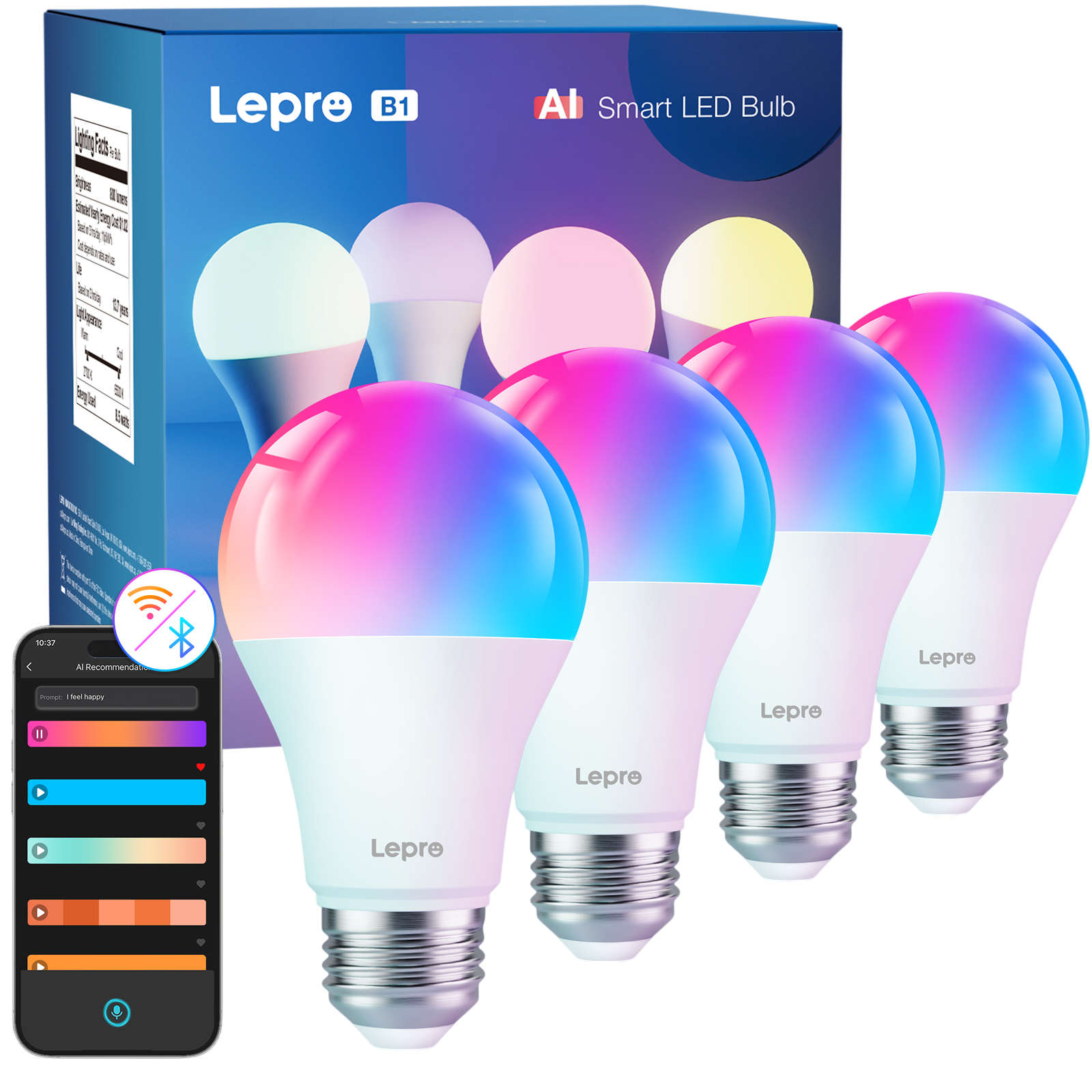 Vier intelligente Lepre-LED-Lampen leuchten in bunten Farben vor ihrer Produktverpackung und einem Smartphone.