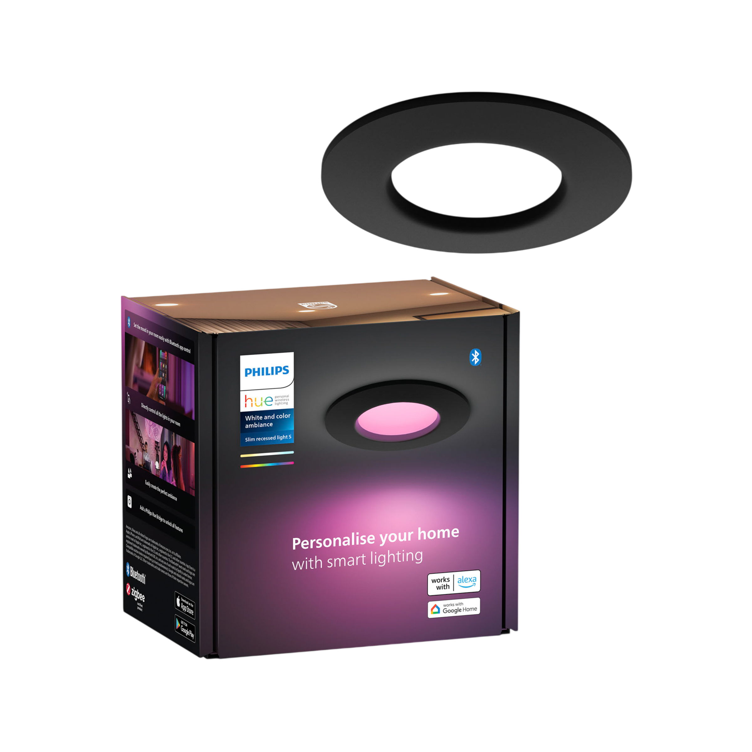 Philips Hue Slim Einbaustrahler Verpackung mit Leuchte und Logos für Alexa und Google Home.